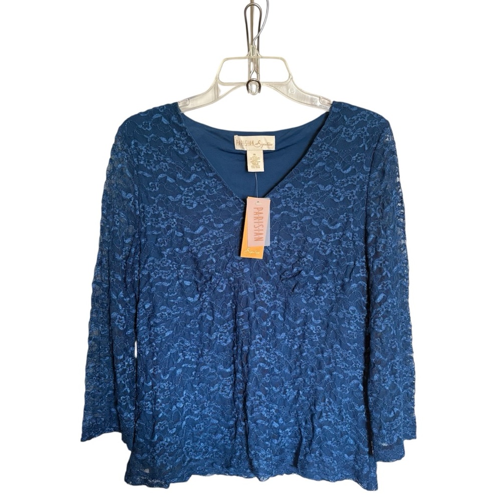 Parisian Signature‎ XL Royal Blue Stretch Lace V Neck Top Whimsigoth Coquette
